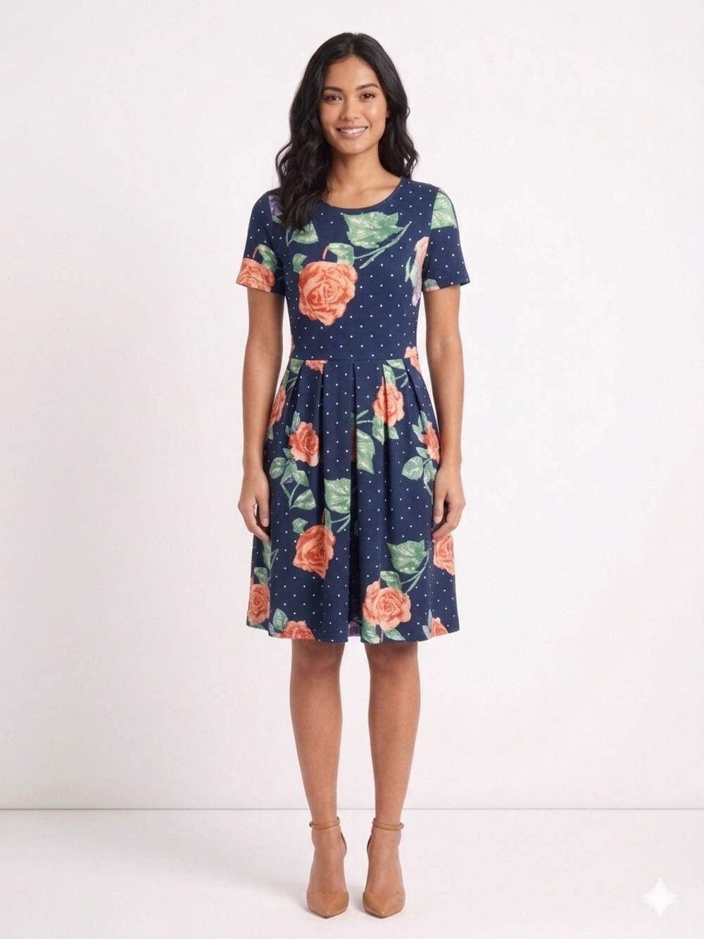 Navy Floral Fit-and-Flare Dress with Coral Roses Size 3XL
